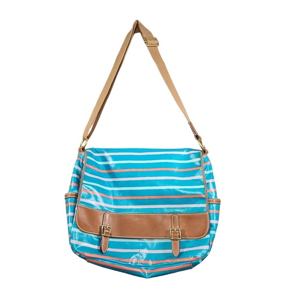 Retro Fossil Messenger Bag Multicolor Stripe Print Canvas Oil Cloth Large Bag - Picture 1 of 12